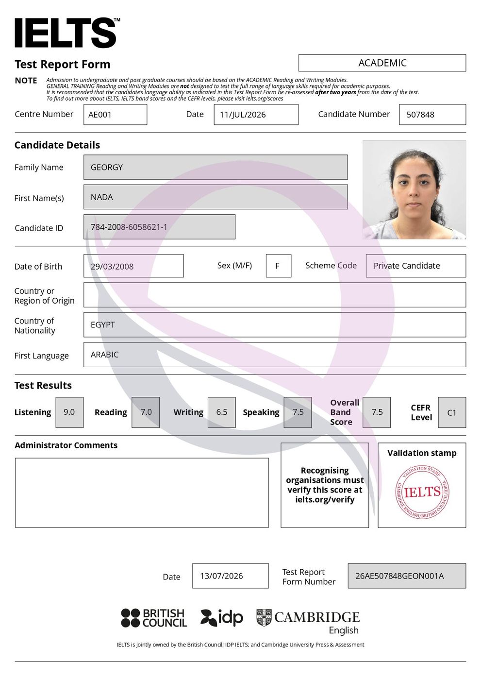 IELTS Test Report Form 9 — Al Qalmoun Institute student result