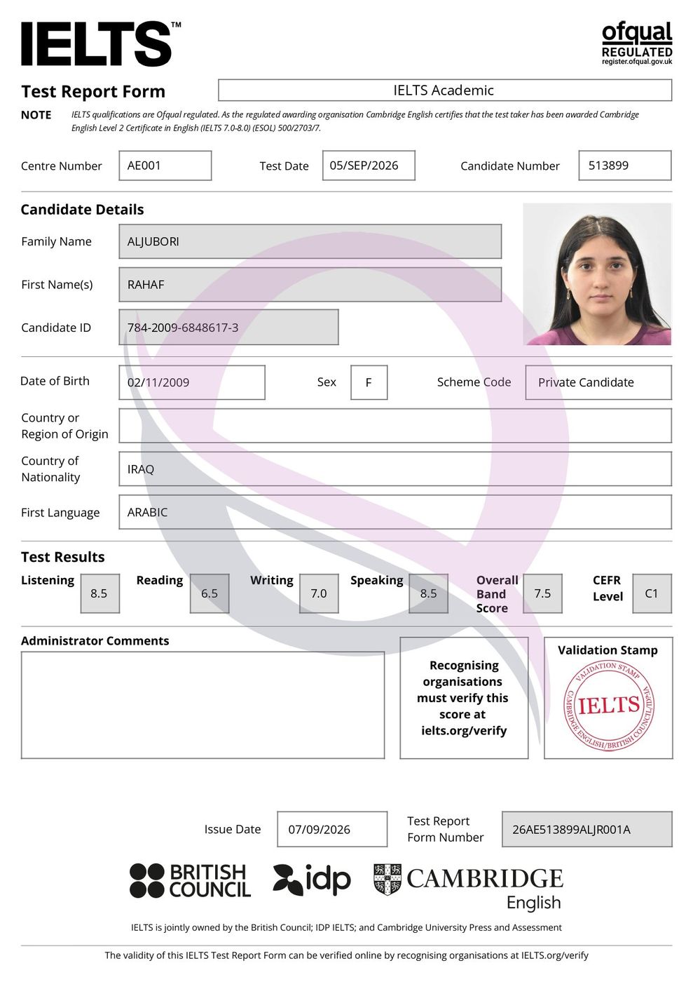 IELTS Test Report Form 10 — Al Qalmoun Institute student result