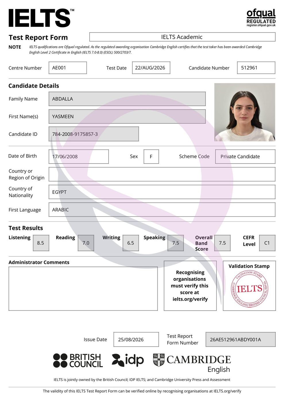 IELTS Test Report Form 11 — Al Qalmoun Institute student result