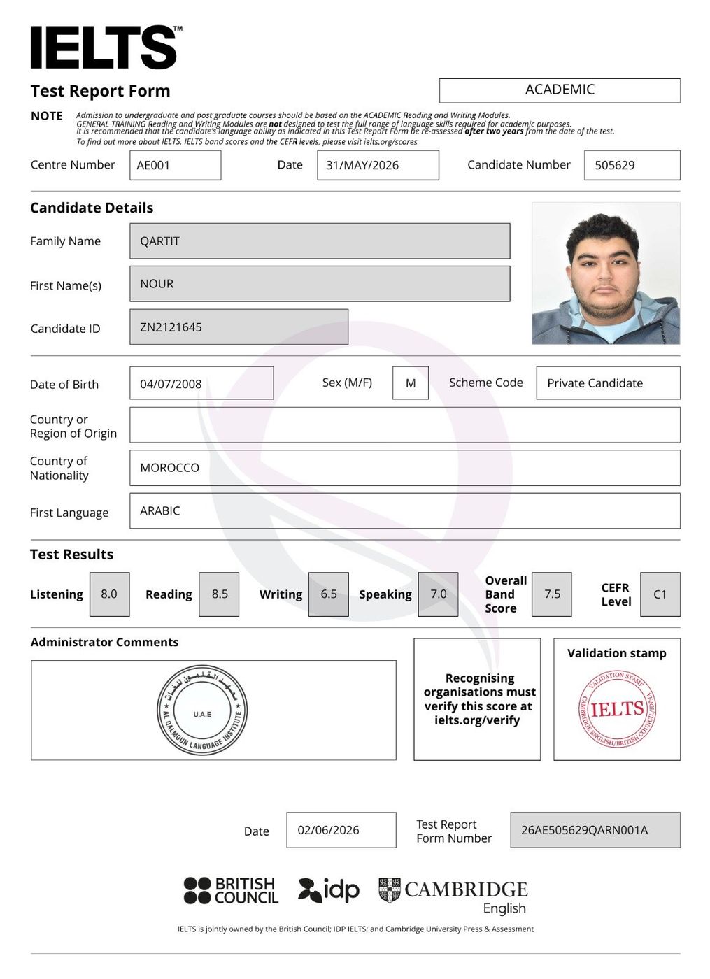 IELTS Test Report Form 17 — Al Qalmoun Institute student result
