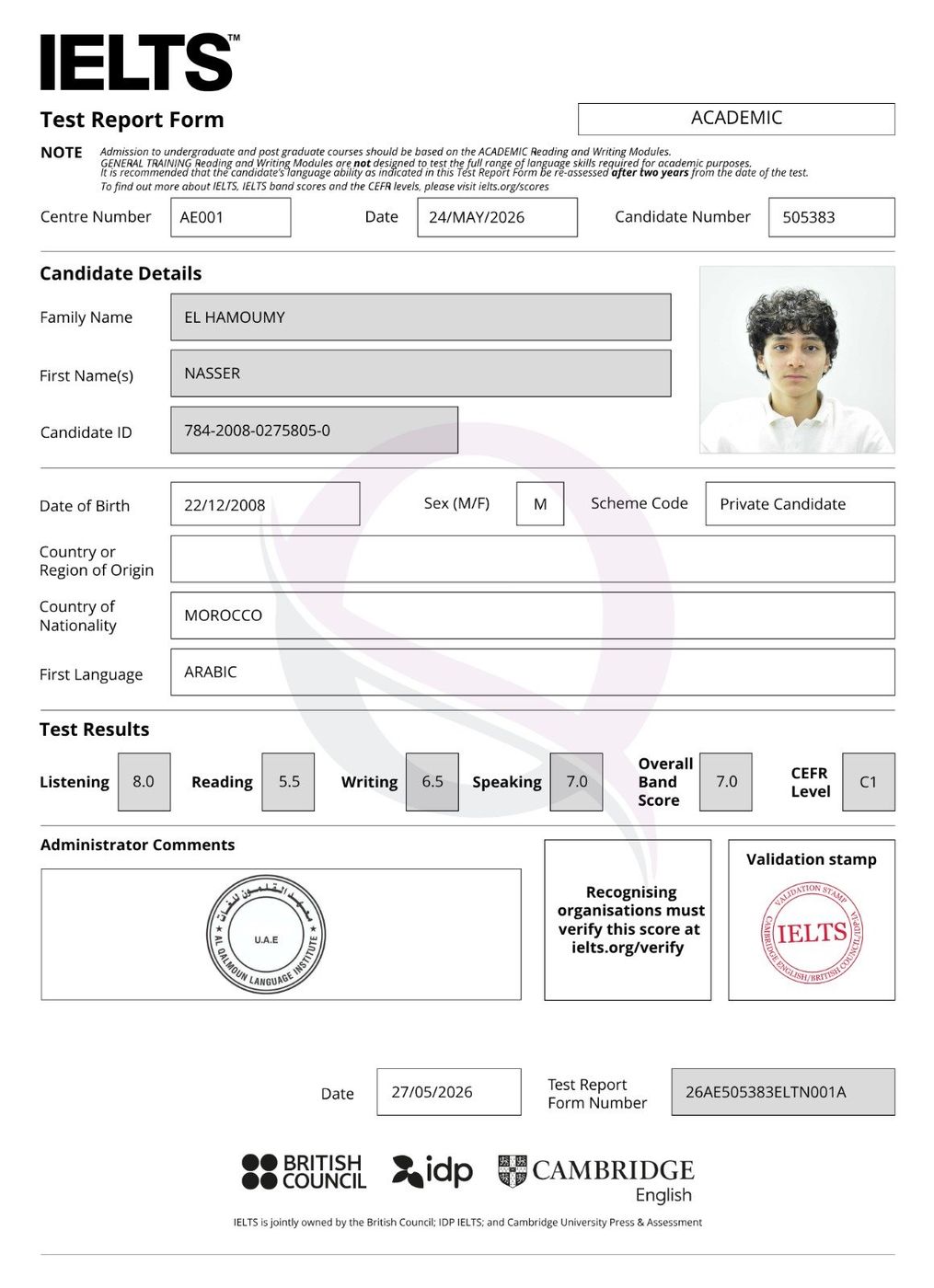 IELTS Test Report Form 18 — Al Qalmoun Institute student result