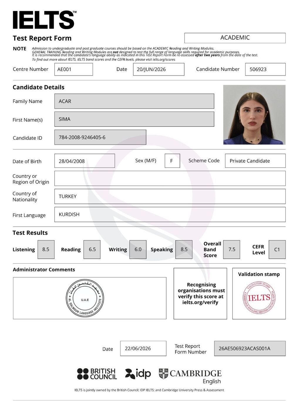 IELTS Test Report Form 21 — Al Qalmoun Institute student result