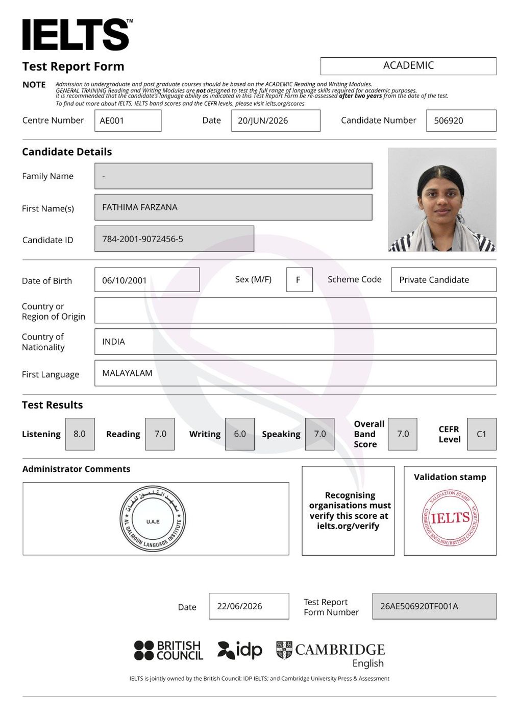 IELTS Test Report Form 22 — Al Qalmoun Institute student result