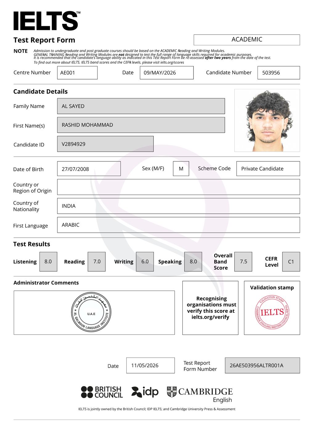IELTS Test Report Form 23 — Al Qalmoun Institute student result