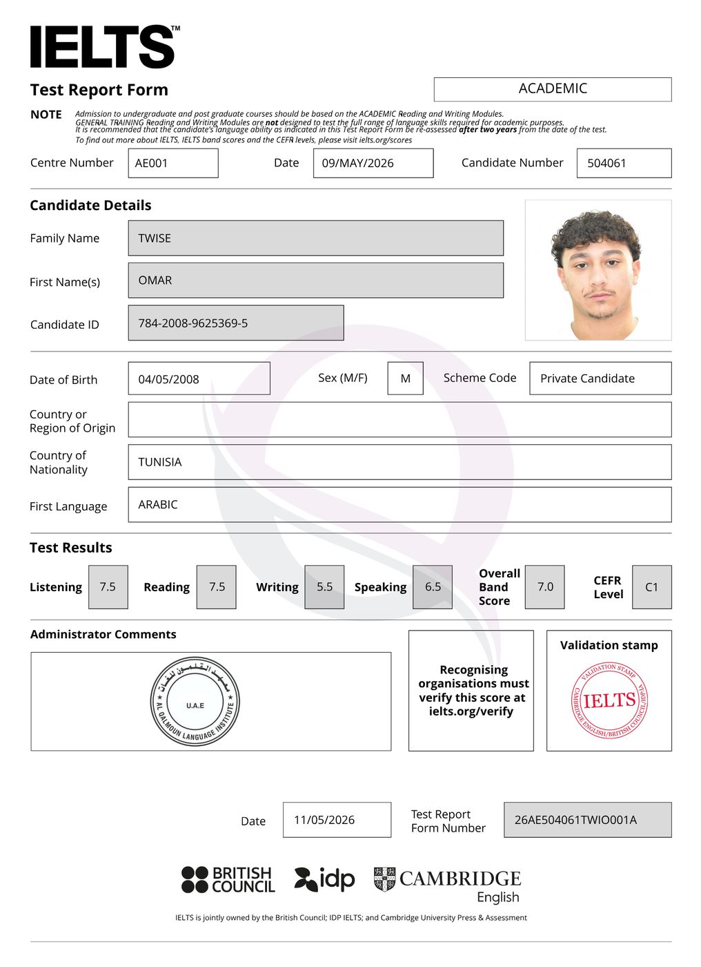 IELTS Test Report Form 24 — Al Qalmoun Institute student result