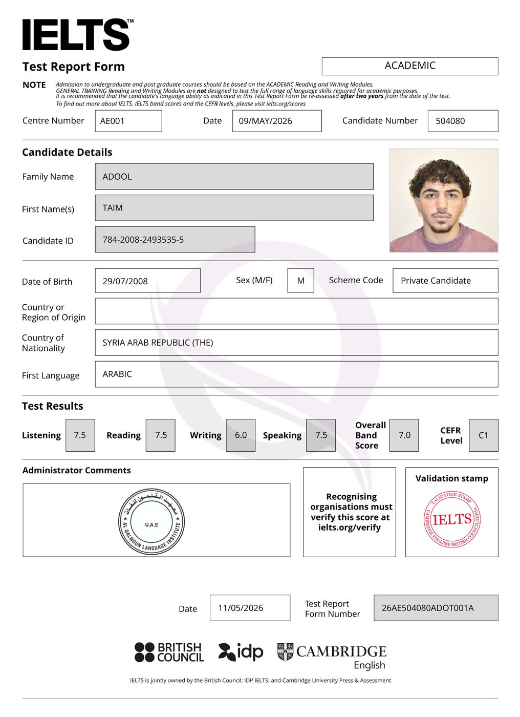 IELTS Test Report Form 25 — Al Qalmoun Institute student result
