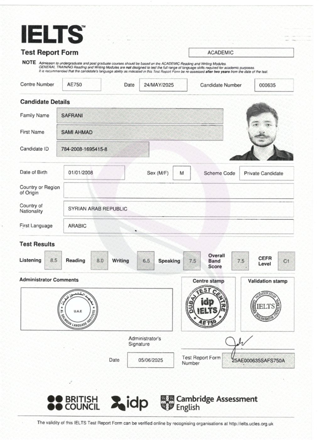 IELTS Test Report Form 27 — Al Qalmoun Institute student result