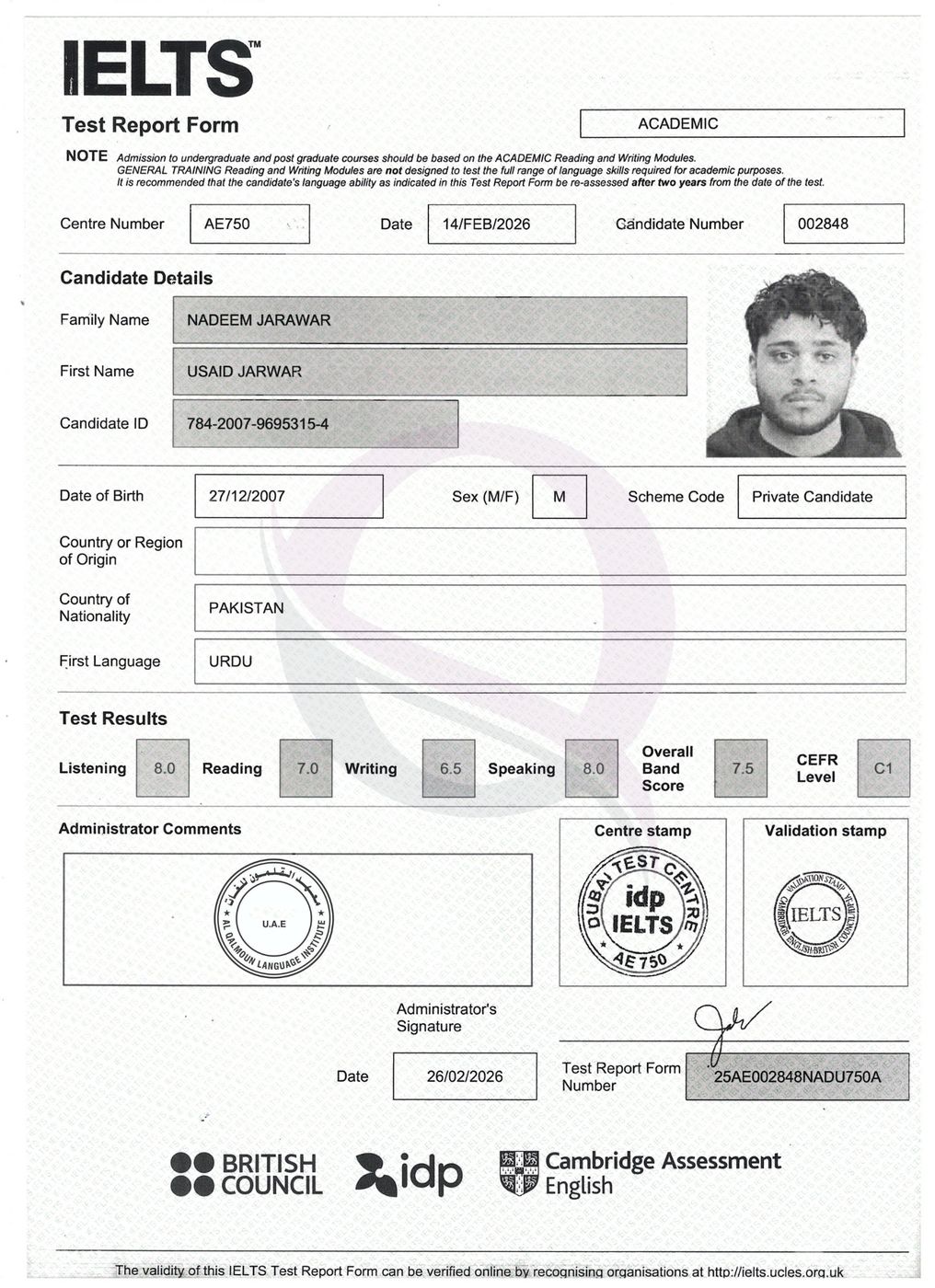 IELTS Test Report Form 28 — Al Qalmoun Institute student result