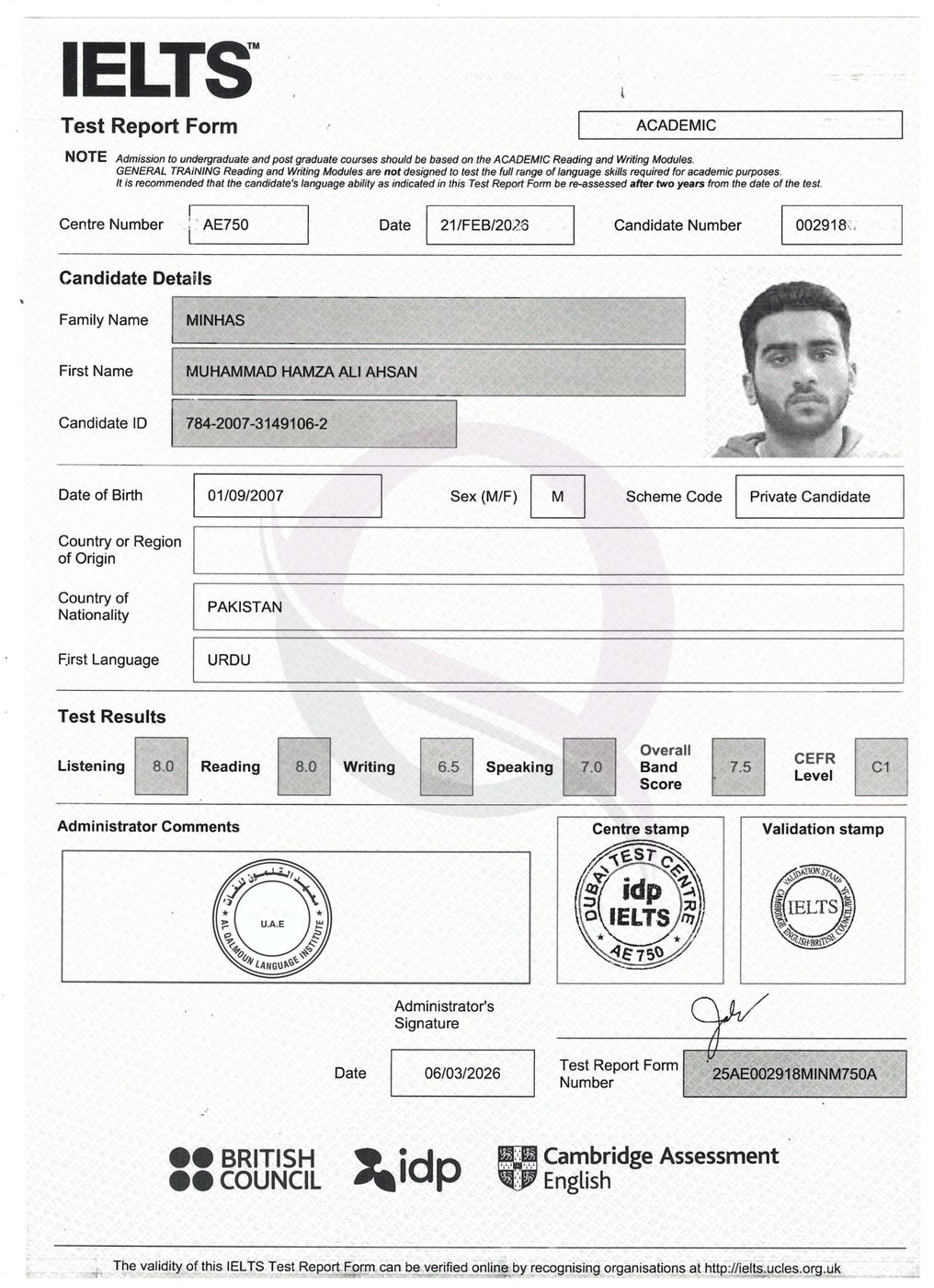 IELTS Test Report Form 29 — Al Qalmoun Institute student result
