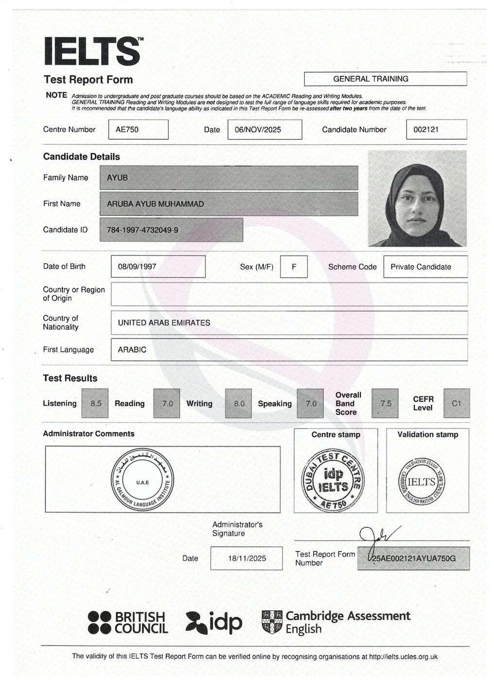 IELTS Test Report Form 30 — Al Qalmoun Institute student result