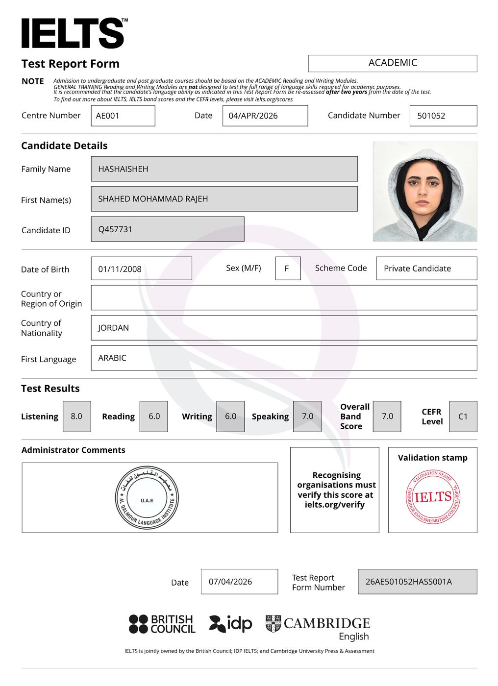 IELTS Test Report Form 32 — Al Qalmoun Institute student result