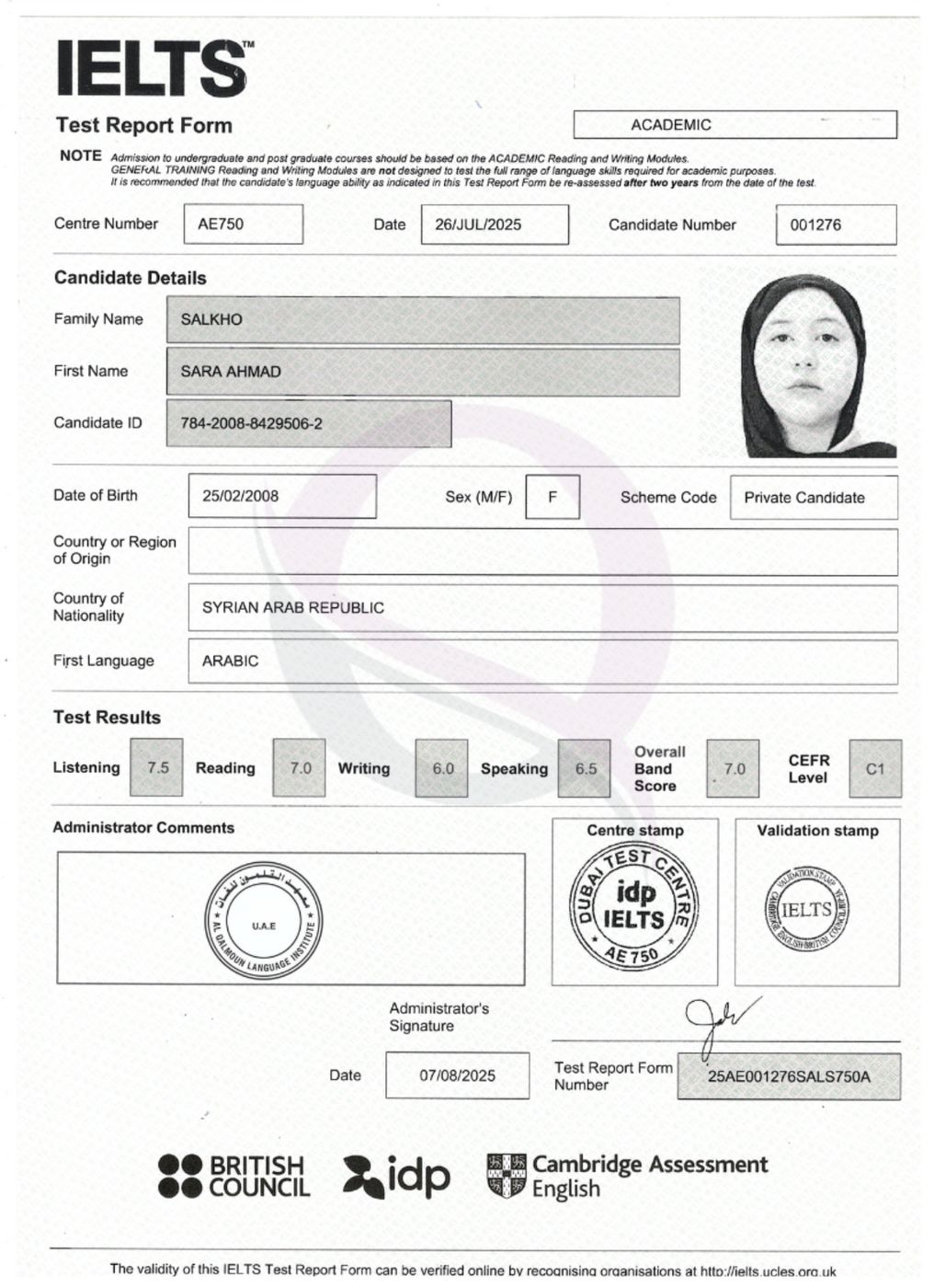 IELTS Test Report Form 34 — Al Qalmoun Institute student result