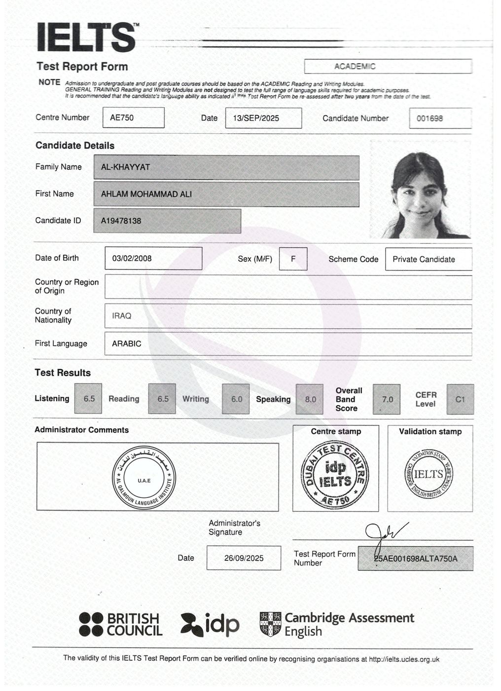 IELTS Test Report Form 35 — Al Qalmoun Institute student result