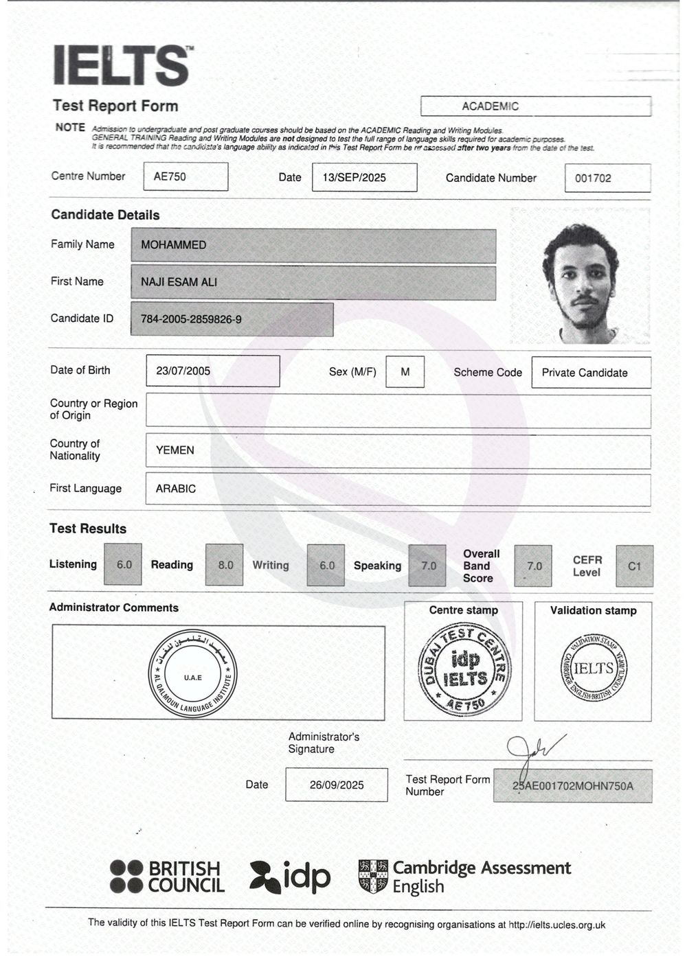 IELTS Test Report Form 36 — Al Qalmoun Institute student result