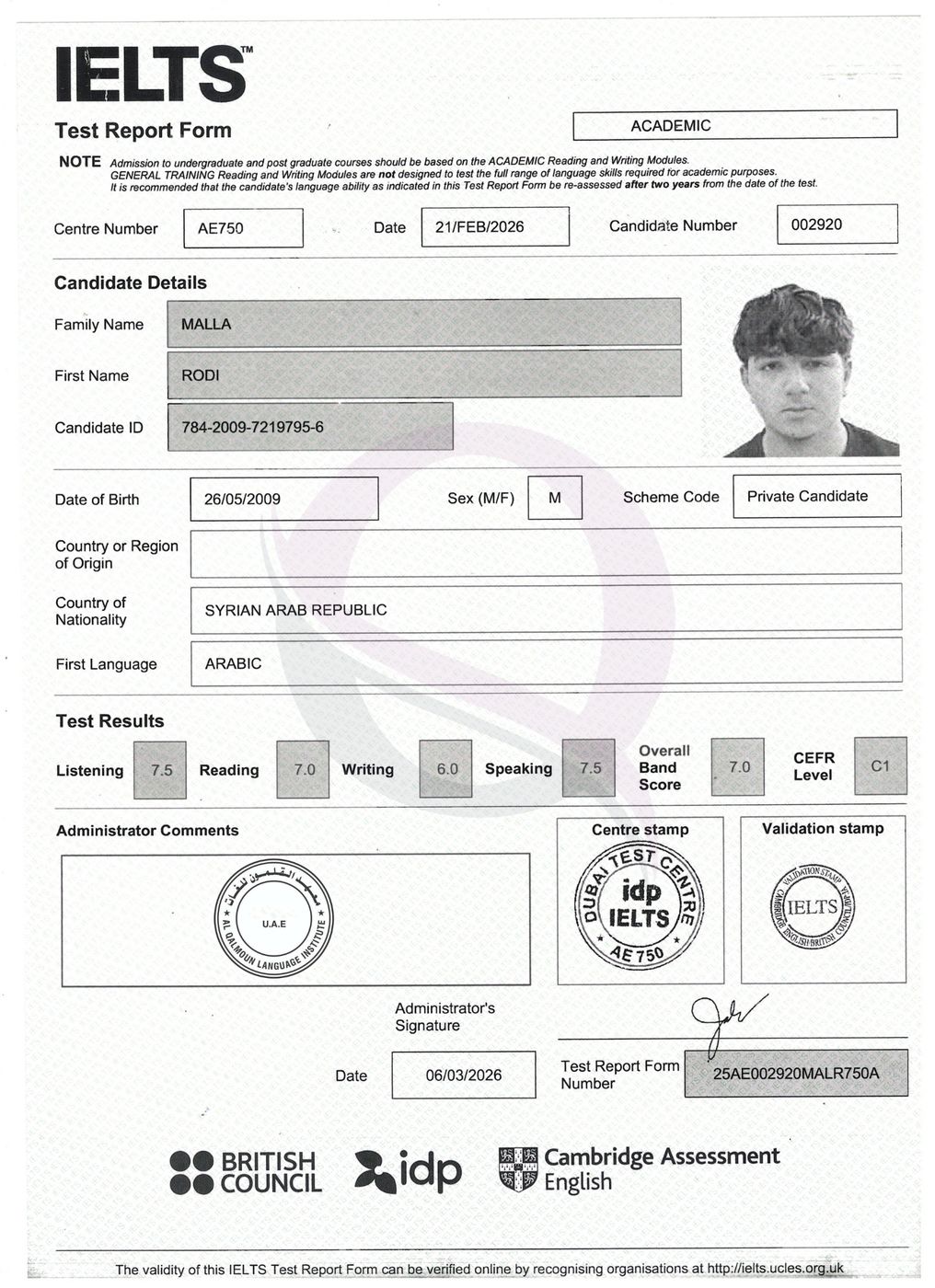 IELTS Test Report Form 37 — Al Qalmoun Institute student result